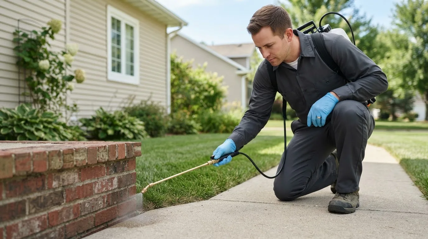 Pest control technician treating a home near Capulin, NM